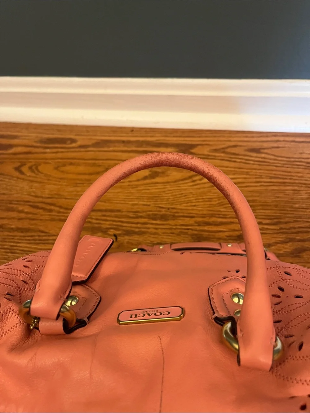 Coach Coral Pink Leather Satchel with Laser-Cut Floral Design F22488